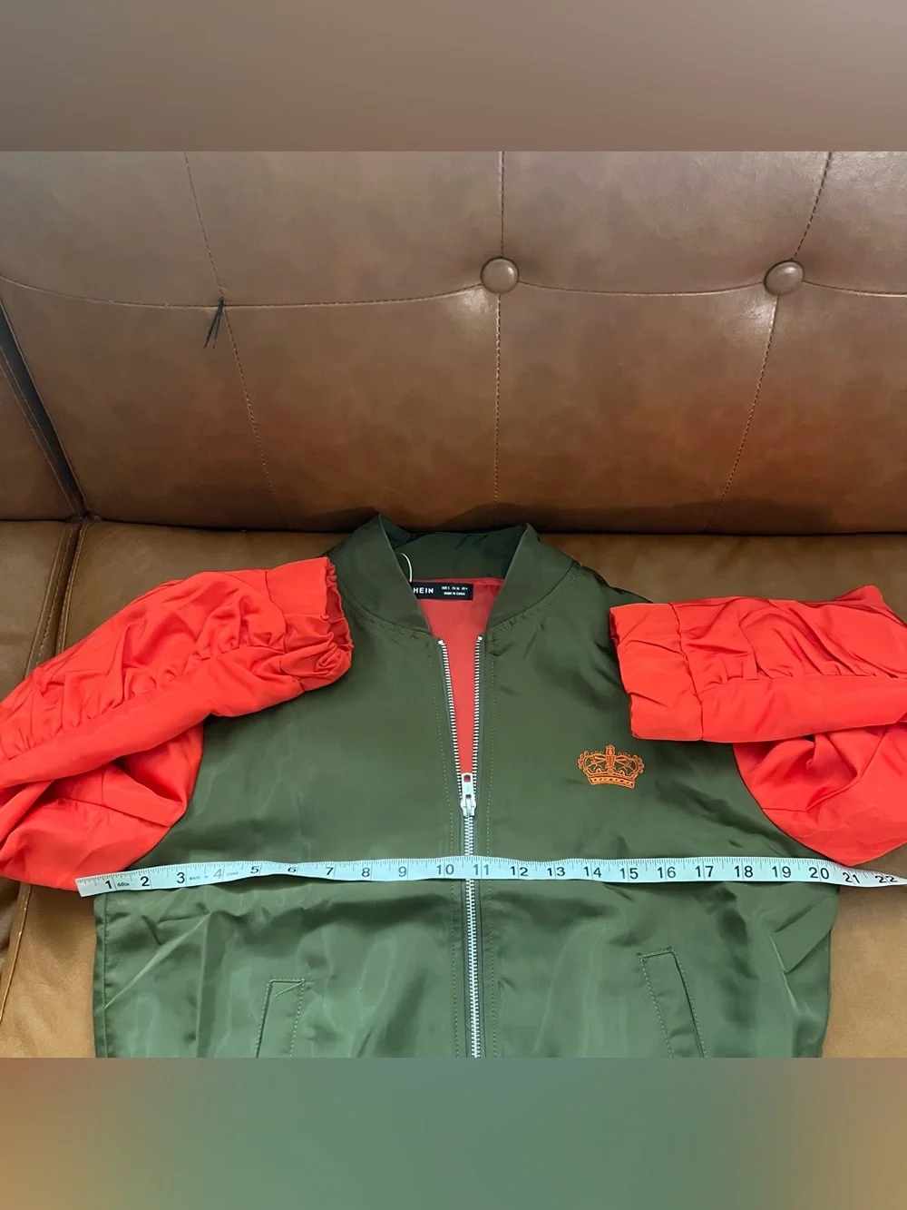 SHEIN Olive Green orange Colorblock Letter Graphic Zip-Up Bomber Jacket Sz 4